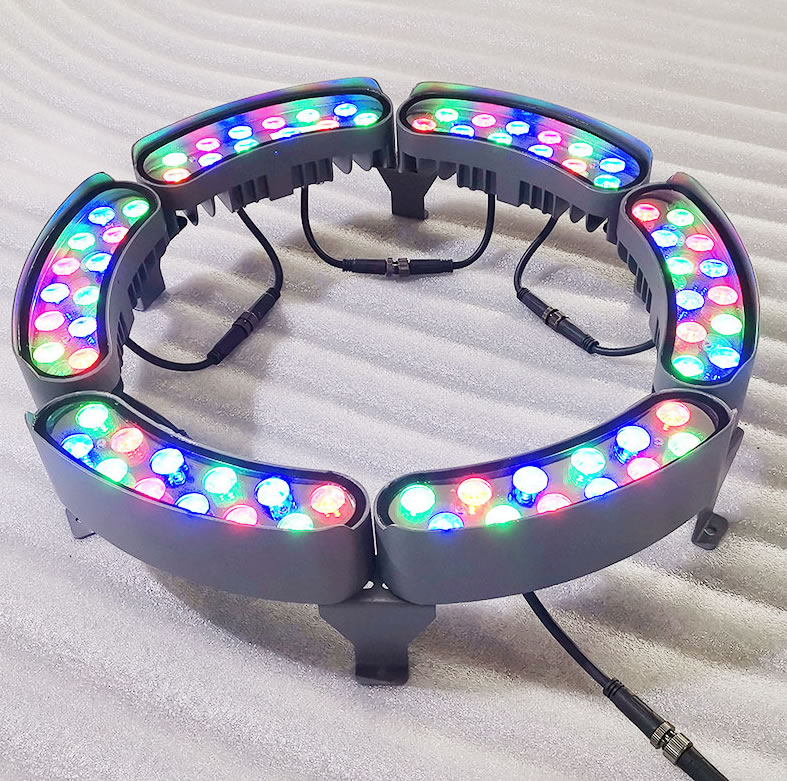 LED palm tree ring light installed around palm tree trunk for landscape lighting