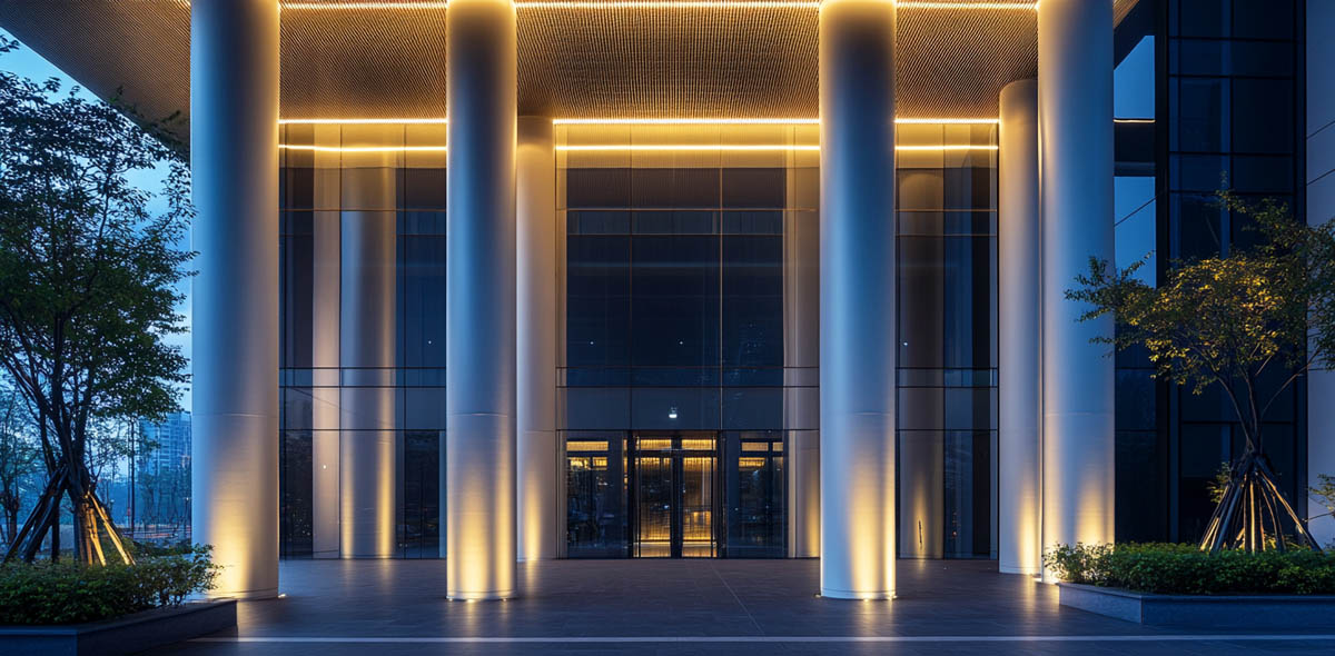 Architectural Facade Lighting with LED Wall Washer Lights Architectural facade lighting with LED wall washer lights illuminating commercial building columns at night