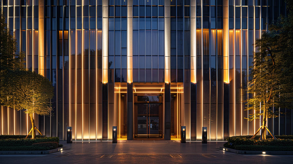 Commercial facade lighting project for modern building exterior with warm white wall washing