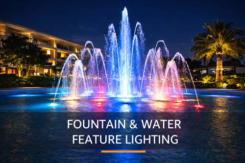 Fountain and water feature lighting with colorful underwater lights in landscape project