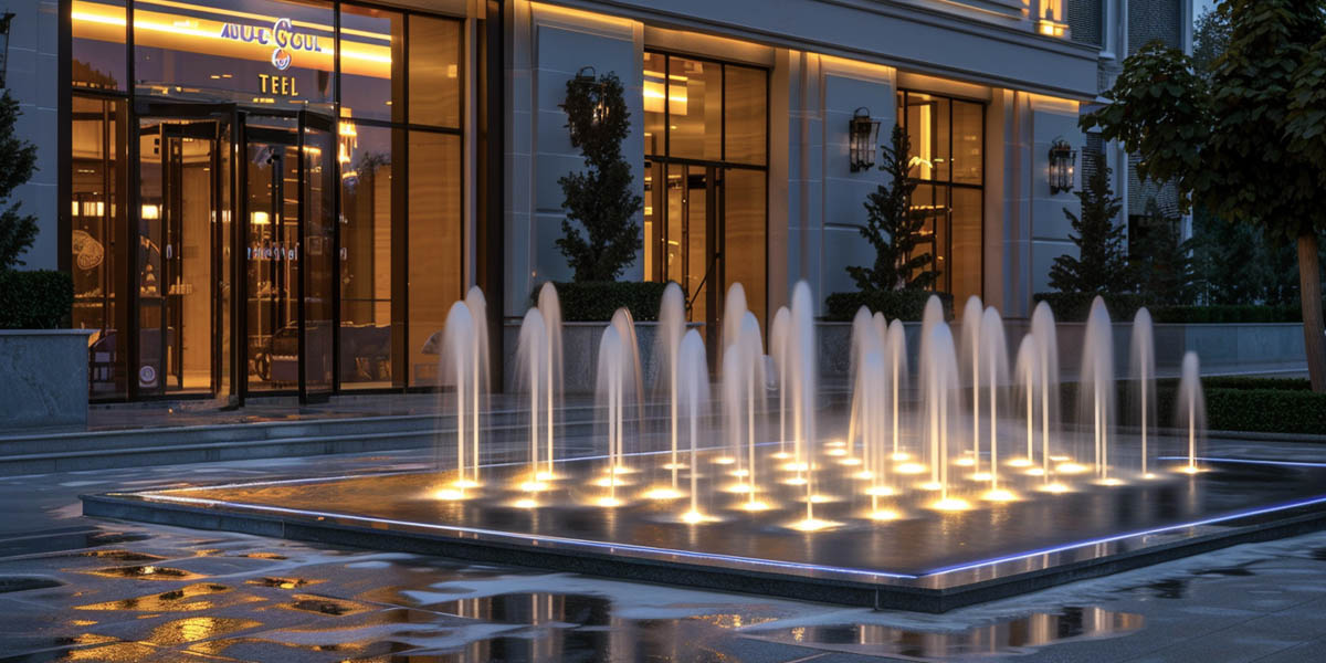 Hotel fountain lighting at entrance with LED water feature lighting