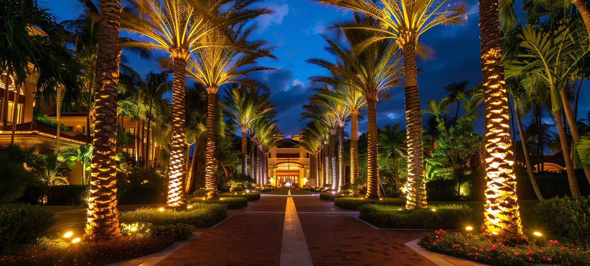 Hotel Landscape Lighting at Palm Tree Entrance Hotel landscape lighting with illuminated palm trees at entrance walkway at night