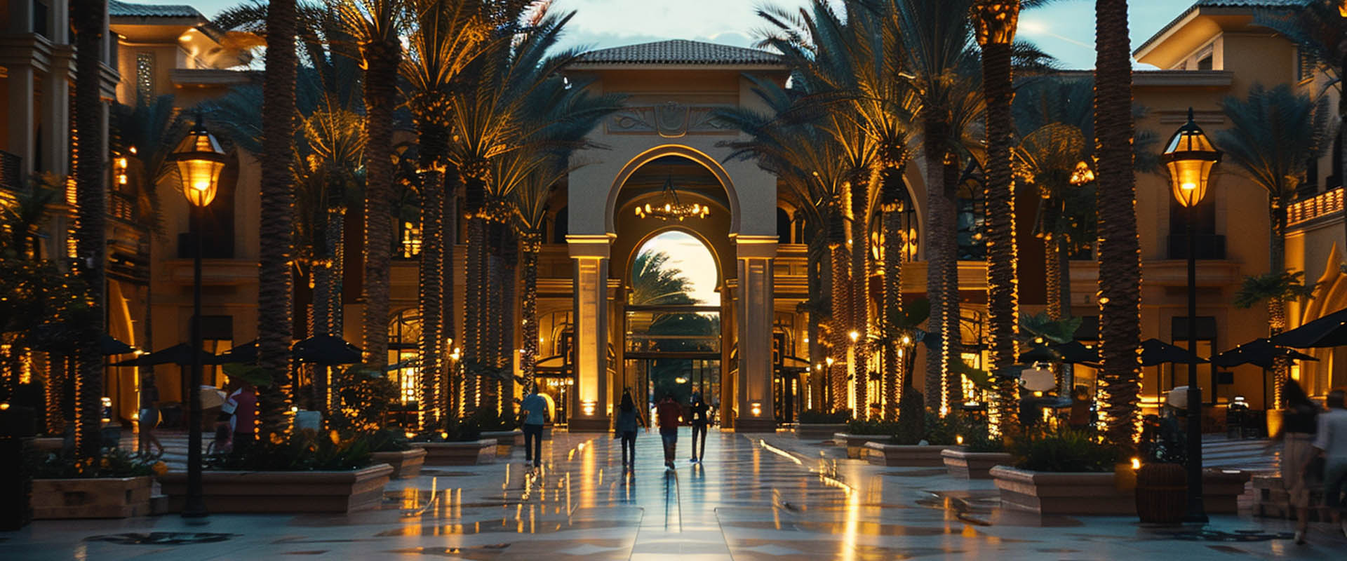 Palm tree ring light installed in hotel entrance landscape lighting project with luxury resort pathway