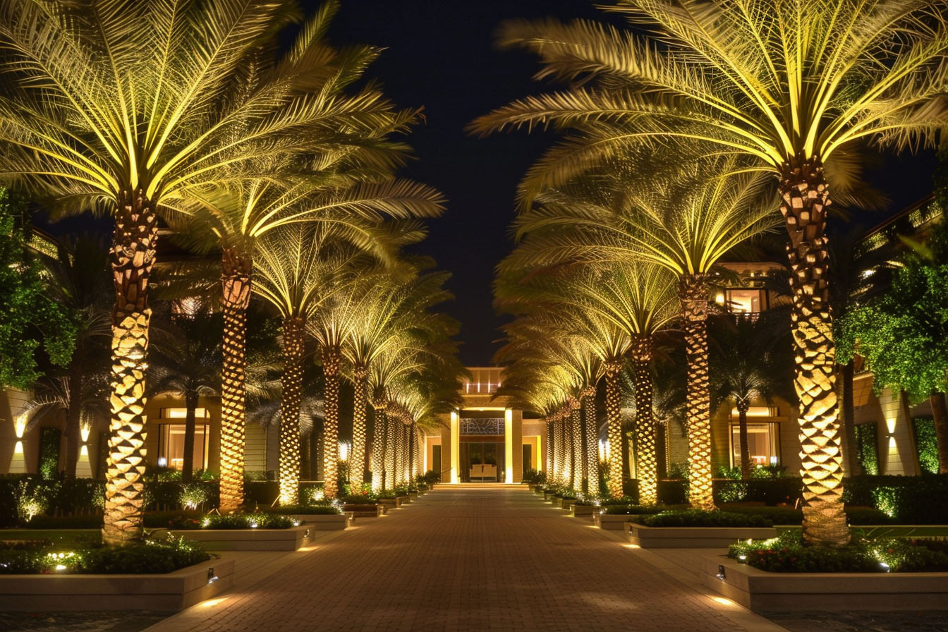 Hotel landscape lighting project with palm trees and pathway lights at night