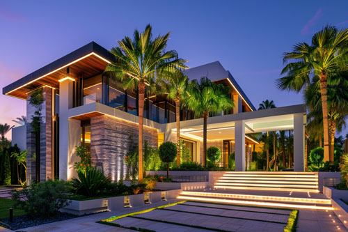 Hotel outdoor landscape lighting with facade and pathway lighting design