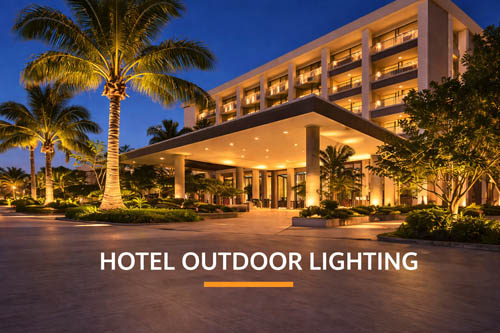 Hotel outdoor lighting with illuminated palm trees and luxury hotel entrance landscape lighting