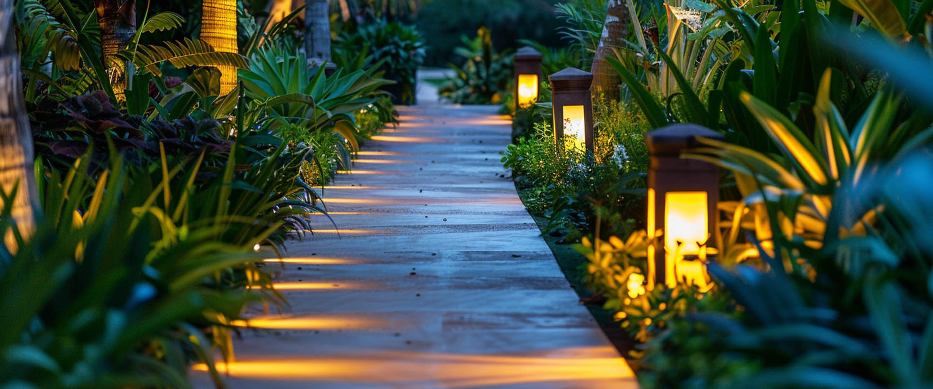 Hotel pathway and garden landscape lighting with bollard lights in resort at night
