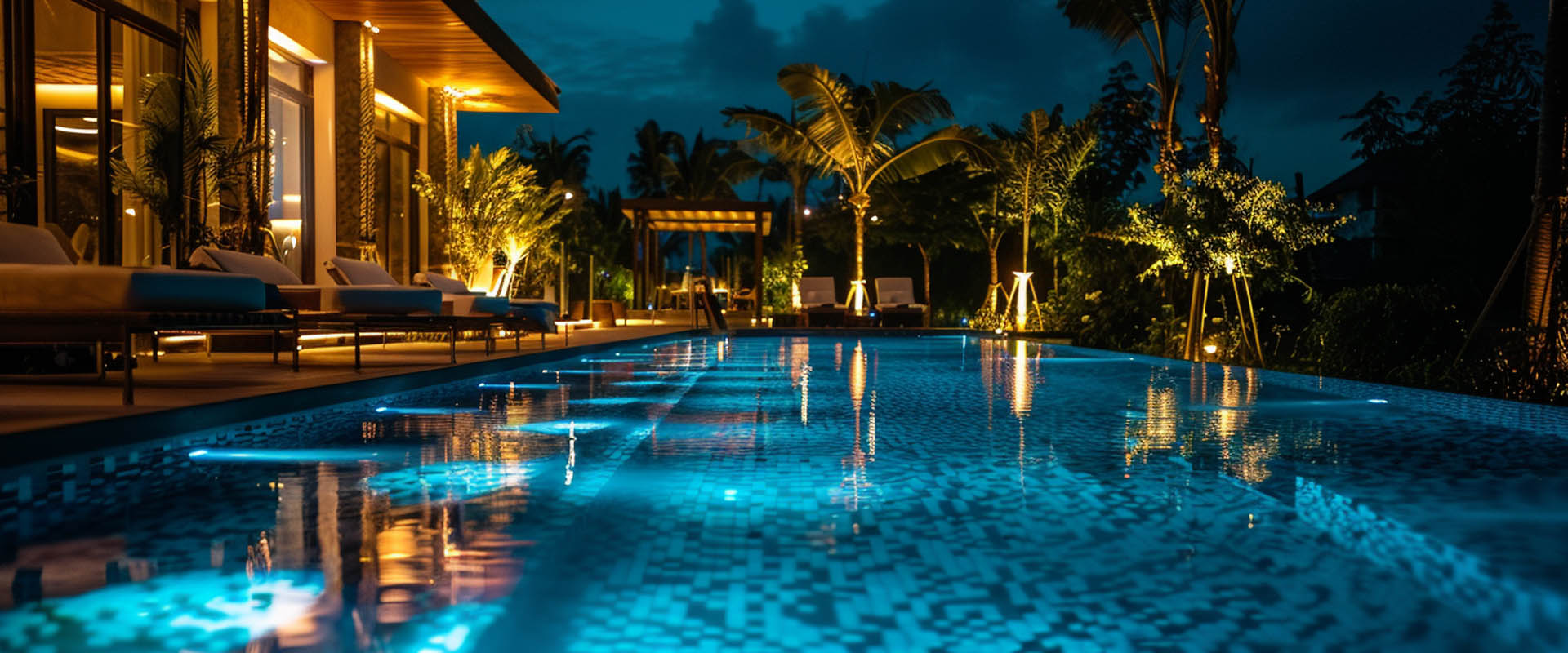 Hotel swimming pool lighting with underwater LED lights at night