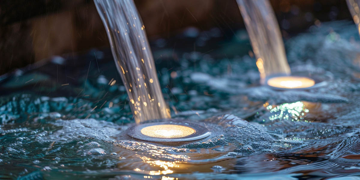 LED underwater fountain light installed in water feature
