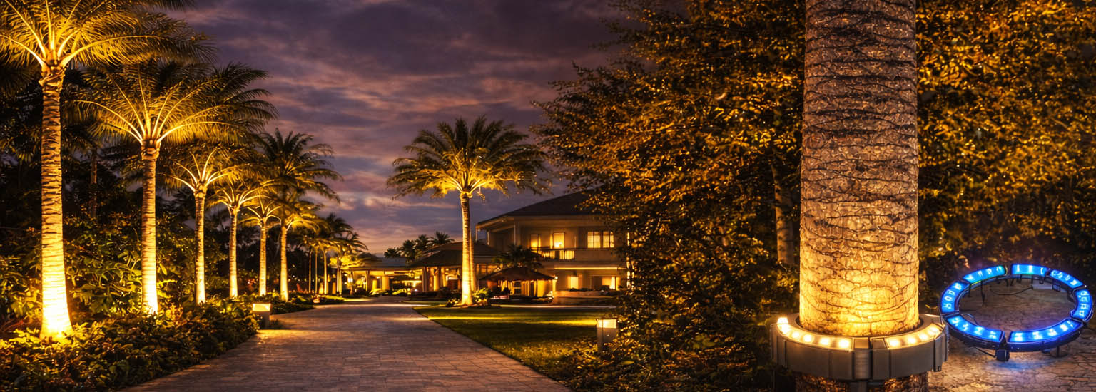 Palm tree ring light installed in resort landscape lighting project