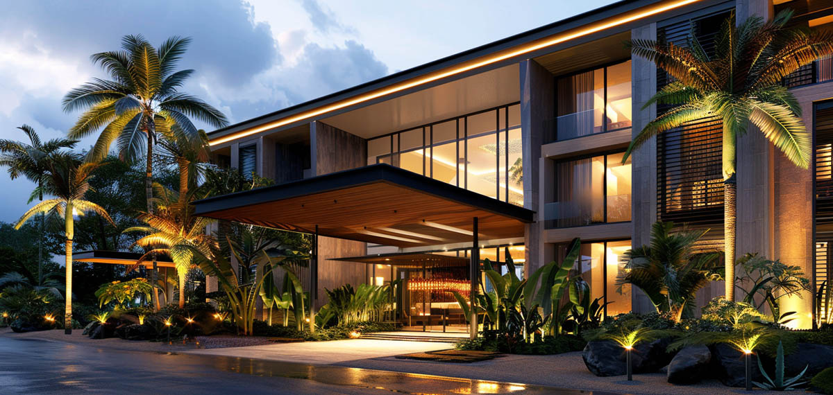 Outdoor Wall Lighting for Hotel Building Facade LED outdoor wall lighting for hotel entrance and building facade at night