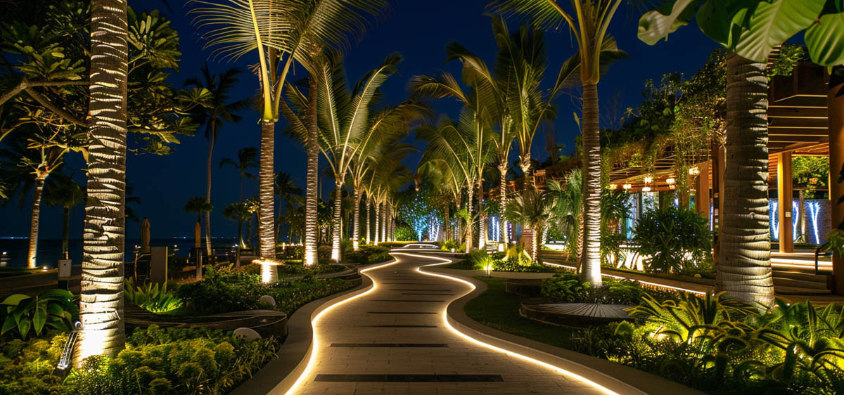 Palm Tree Lighting Effect in Resort Walkway Palm tree lighting effect in resort walkway with warm white LED illumination at night