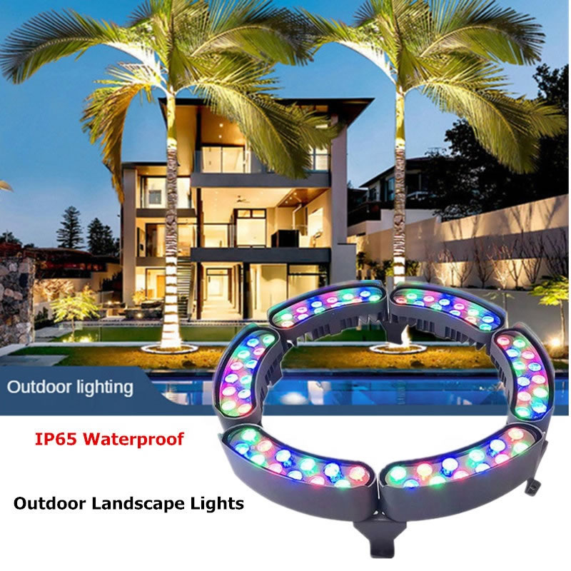 Palm tree lighting using LED palm tree ring light in resort landscape