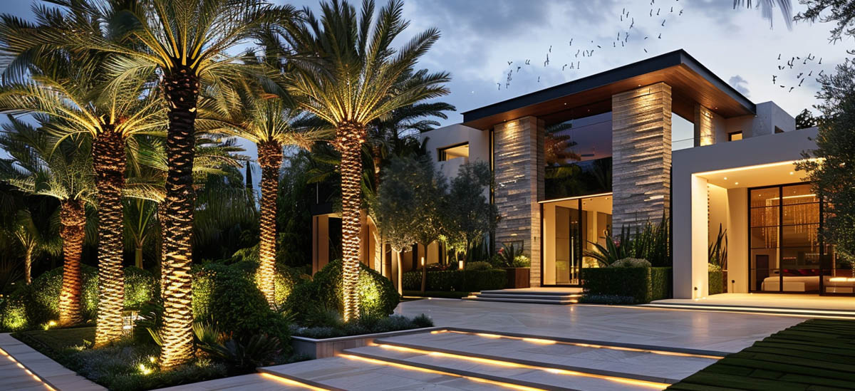 Palm tree lighting in villa landscape project using LED uplights
