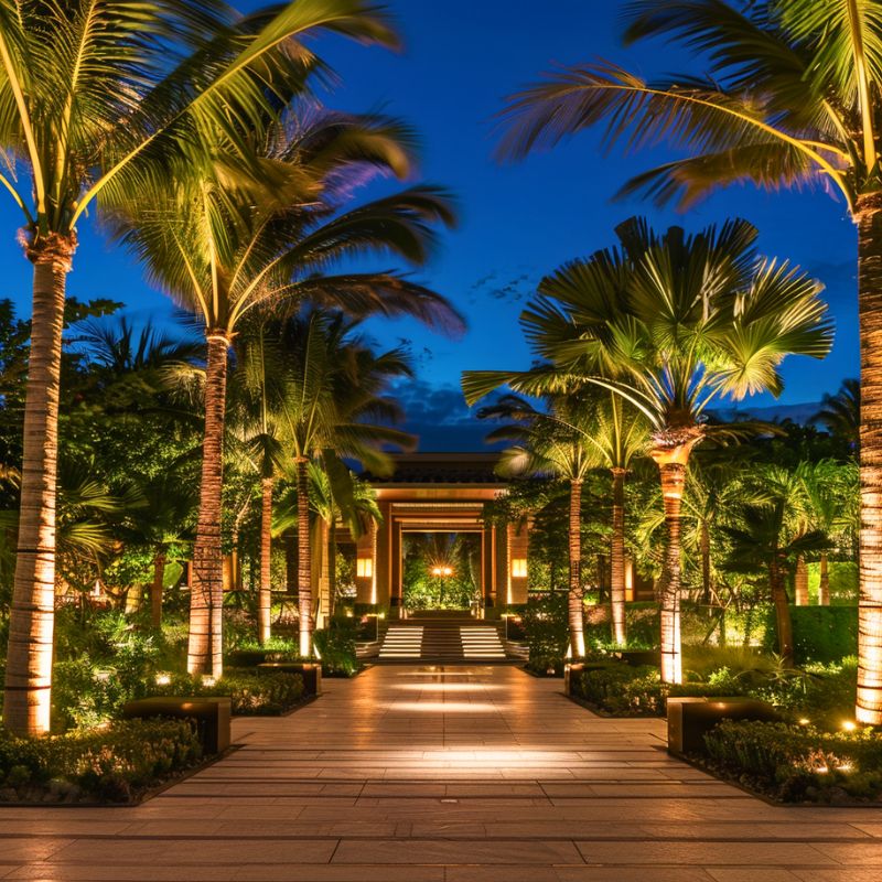 Palm tree lighting in luxury resort landscape design