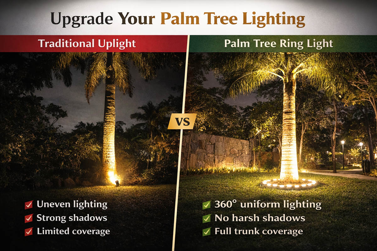 palm tree ring light vs traditional uplight comparison showing 360 degree lighting advantage and uniform illumination