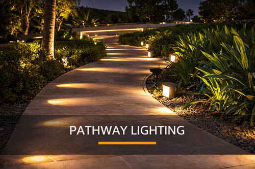 Pathway landscape lighting with illuminated garden walkway and outdoor path lights