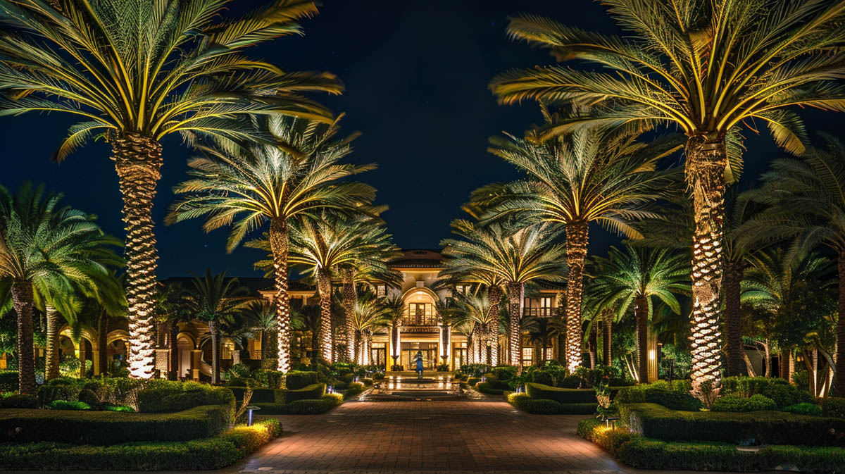 Professional Hotel Landscape Lighting Solution professional hotel landscape lighting clean pathway palm tree lighting design