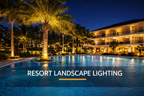 Resort landscape lighting with illuminated palm trees, swimming pool and luxury hotel exterior lighting