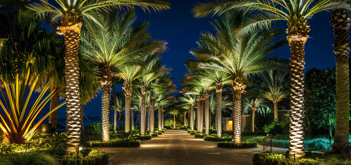 Resort Landscape Lighting with Palm Trees and Pathway Resort landscape lighting with palm trees and pathway lighting at night