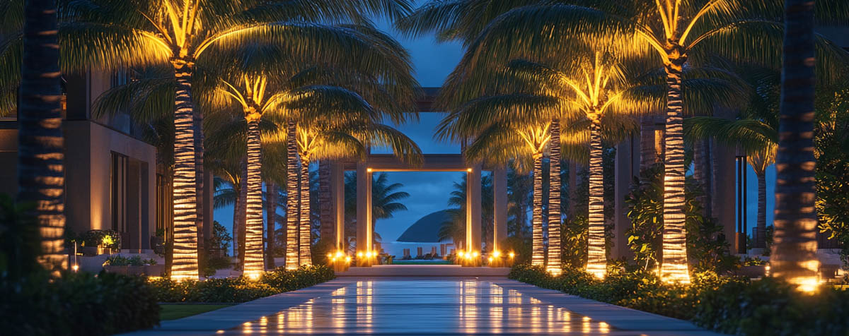 Resort Landscape Lighting with Palm Tree Ring Lights Resort landscape lighting with palm tree ring lighting and illuminated pathway at night