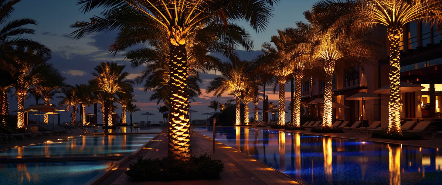 Resort landscape lighting with illuminated palm trees, swimming pool and hotel outdoor lighting