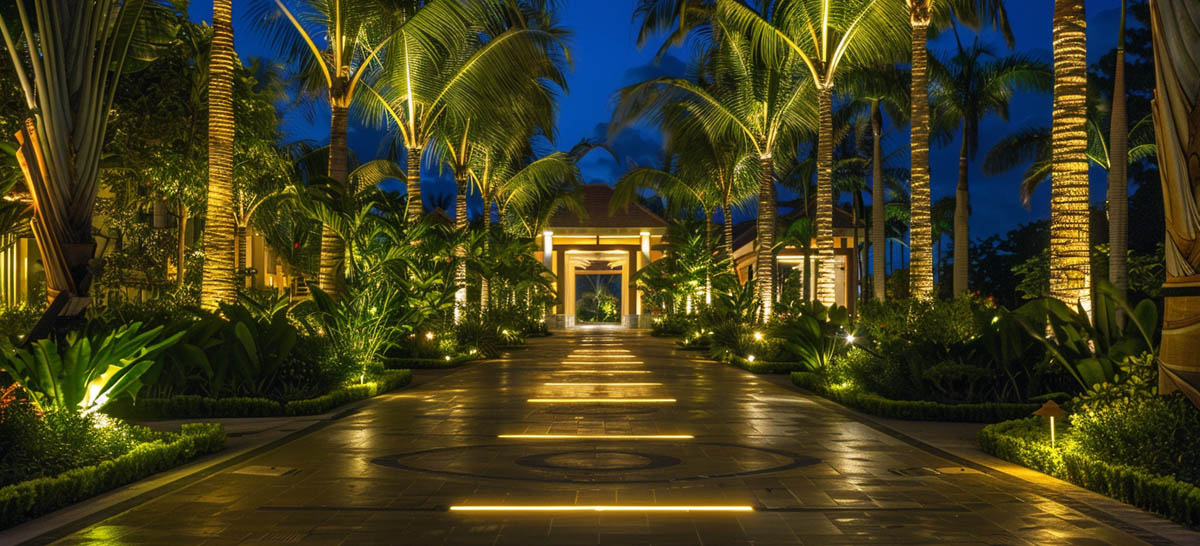 Resort Outdoor Lighting with Palm Trees and Pathway Resort outdoor lighting with palm trees and pathway illumination at night