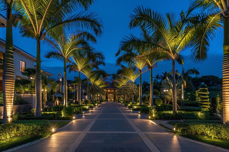 Resort outdoor lighting project with palm trees, pathway lights and landscape garden lighting at night