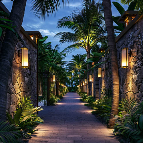 Resort Outdoor Wall Lighting for Pathways and Garden Walls resort outdoor wall lighting along pathway and garden walls at night