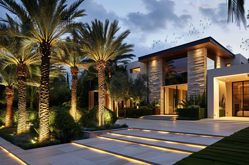 Resort outdoor lighting project with palm tree lighting and landscape illumination