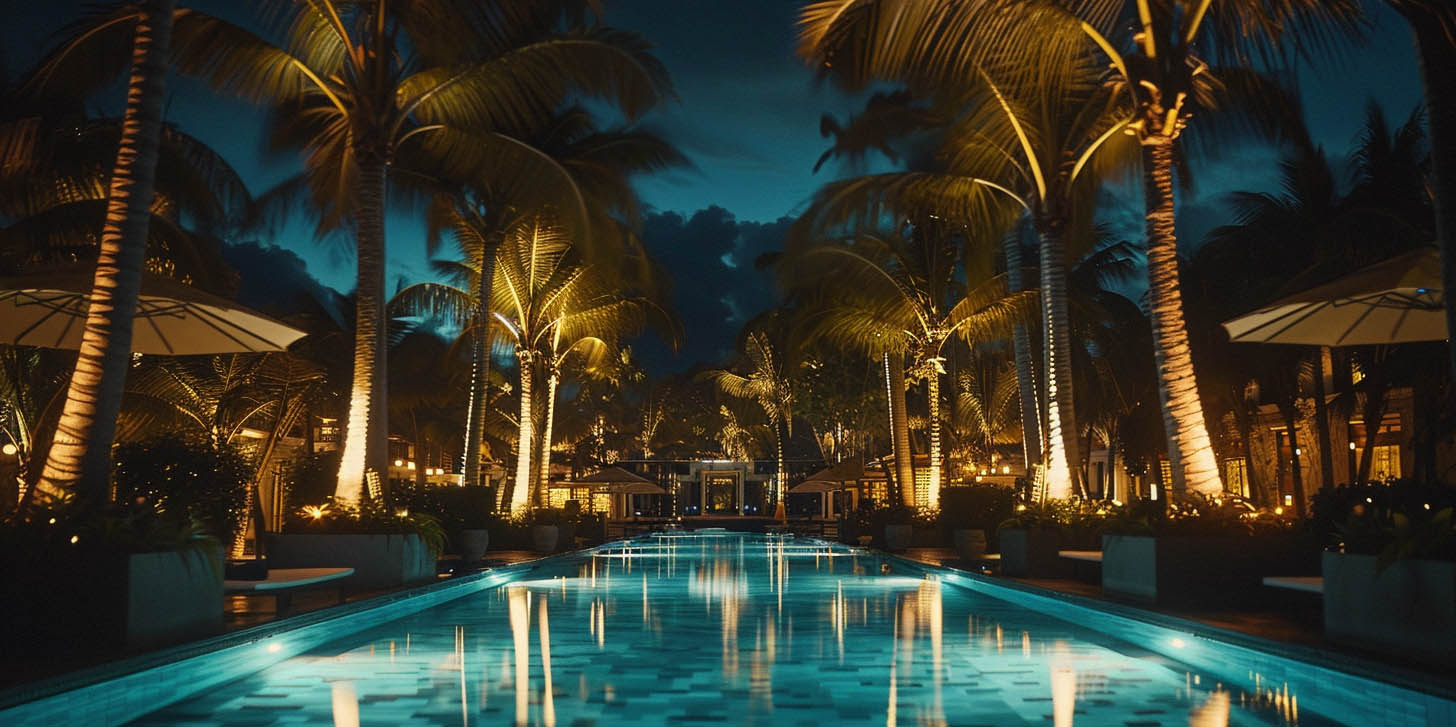 Resort pool lighting with illuminated palm trees and tropical landscape lighting design