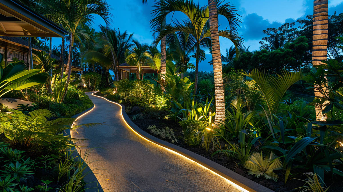 Resort walkway lighting with LED pathway lights in tropical landscape
