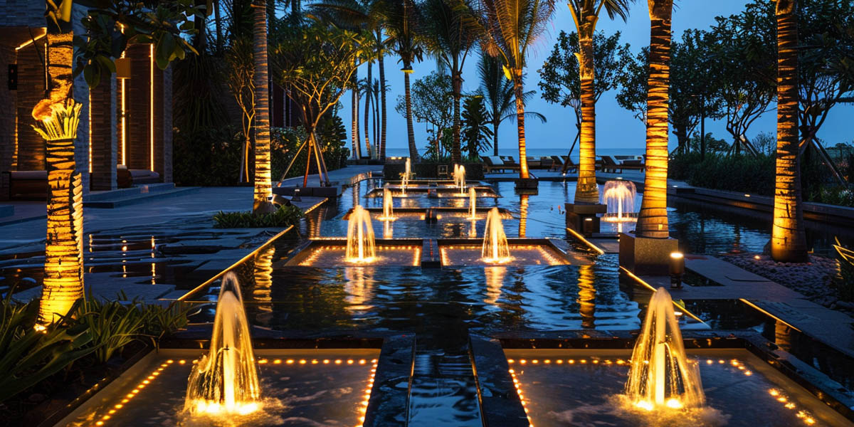 Resort water feature lighting with LED fountain lights and palm trees