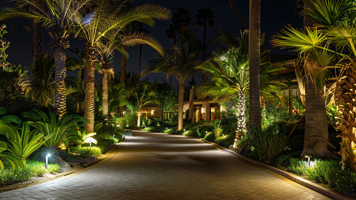 Traditional Hotel Landscape Lighting Setup traditional hotel landscape lighting uneven pathway lighting palm trees outdoor lighting