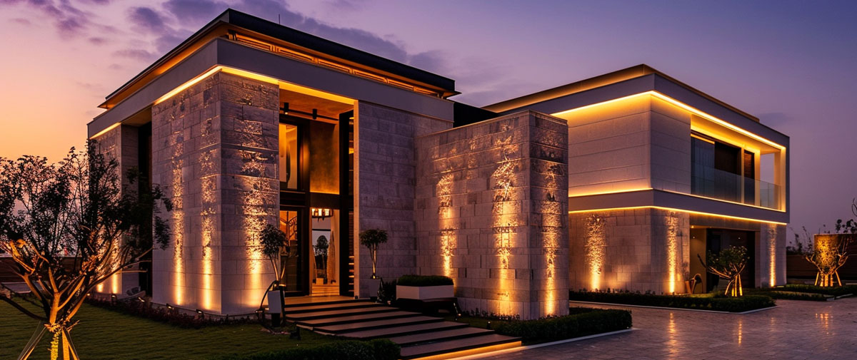 Villa facade lighting with architectural outdoor wall illumination and LED wall washer lighting