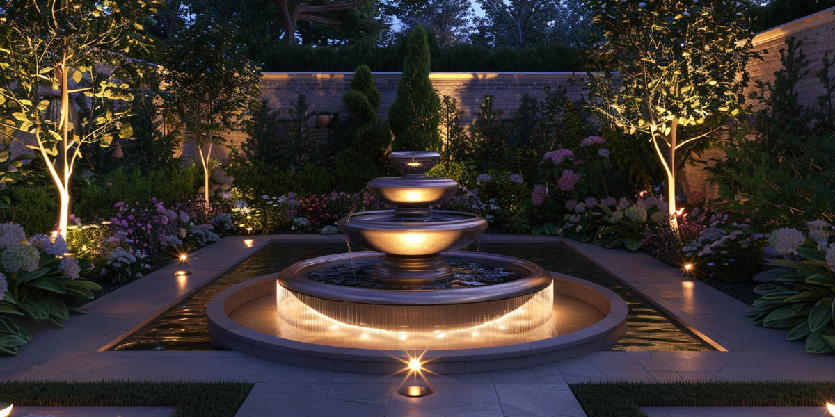 Villa garden fountain lighting with LED landscape lights