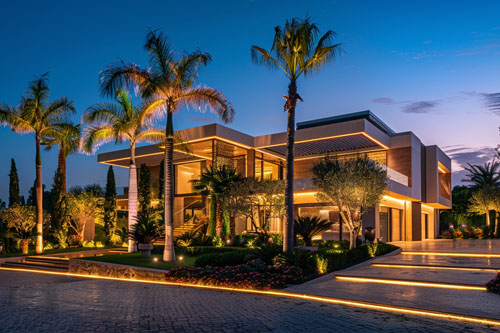 Villa landscape lighting project with palm trees, pathway and architectural lighting