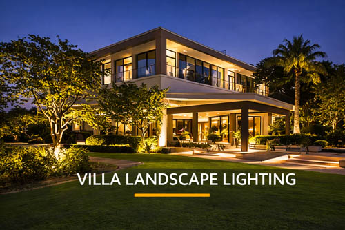 Villa landscape lighting with illuminated garden and outdoor lighting design for luxury villa