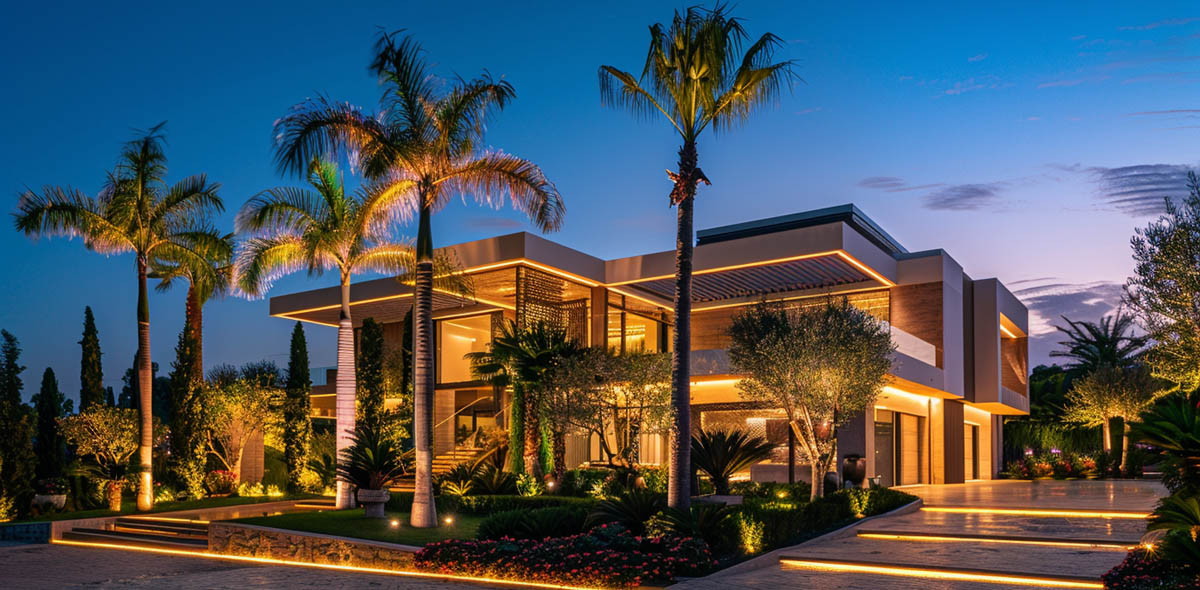 Villa landscape lighting with palm tree uplighting and outdoor architectural lighting