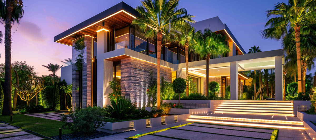 Villa pathway and garden lighting with LED step lights in outdoor landscape design