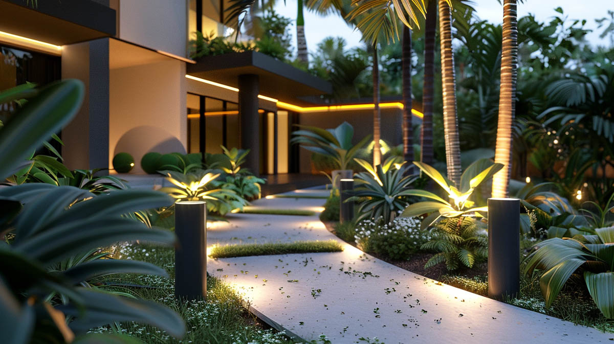 Villa pathway lighting design with LED bollard lights and landscape lighting in garden