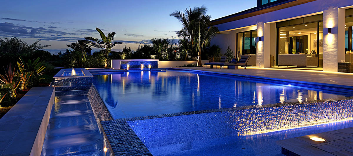Villa swimming pool lighting with underwater lights and water feature illumination at night