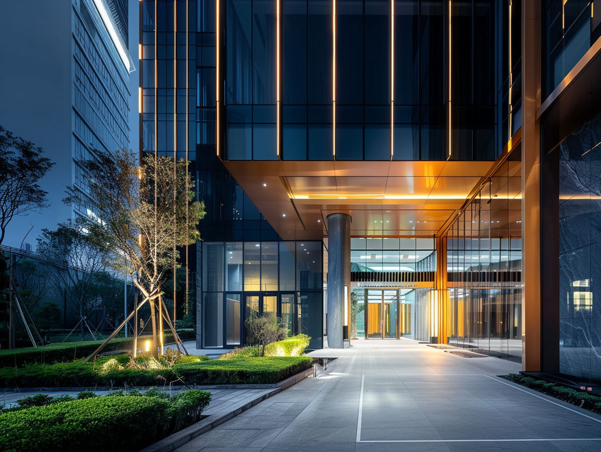 Commercial Building Facade Lighting Project commercial building facade lighting with LED outdoor wall lighting at entrance