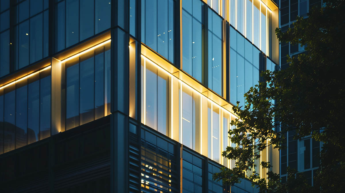 Commercial facade lighting with linear lighting and wall washer creating clean modern building exterior