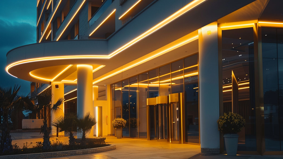 Commercial Facade Lighting Project – LED Outdoor Wall Lighting LED outdoor wall lighting for commercial building facade entrance at night