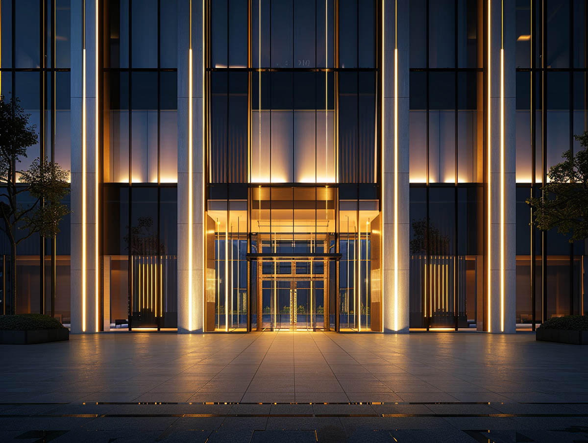 Commercial facade lighting with warm white wall washing for modern office building exterior