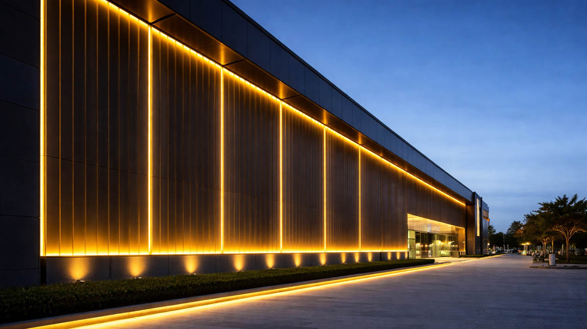 Commercial facade wall washer lighting with uniform warm white wall washing effect