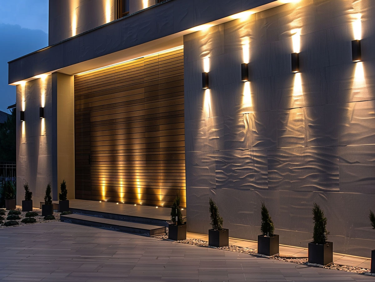 Commercial LED Wall Light with Uniform Facade Lighting Effect modern outdoor wall lights evenly installed creating uniform facade lighting effect