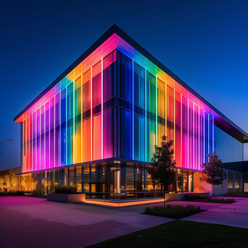 DMX facade lighting with synchronized RGB lighting effects and uniform building illumination