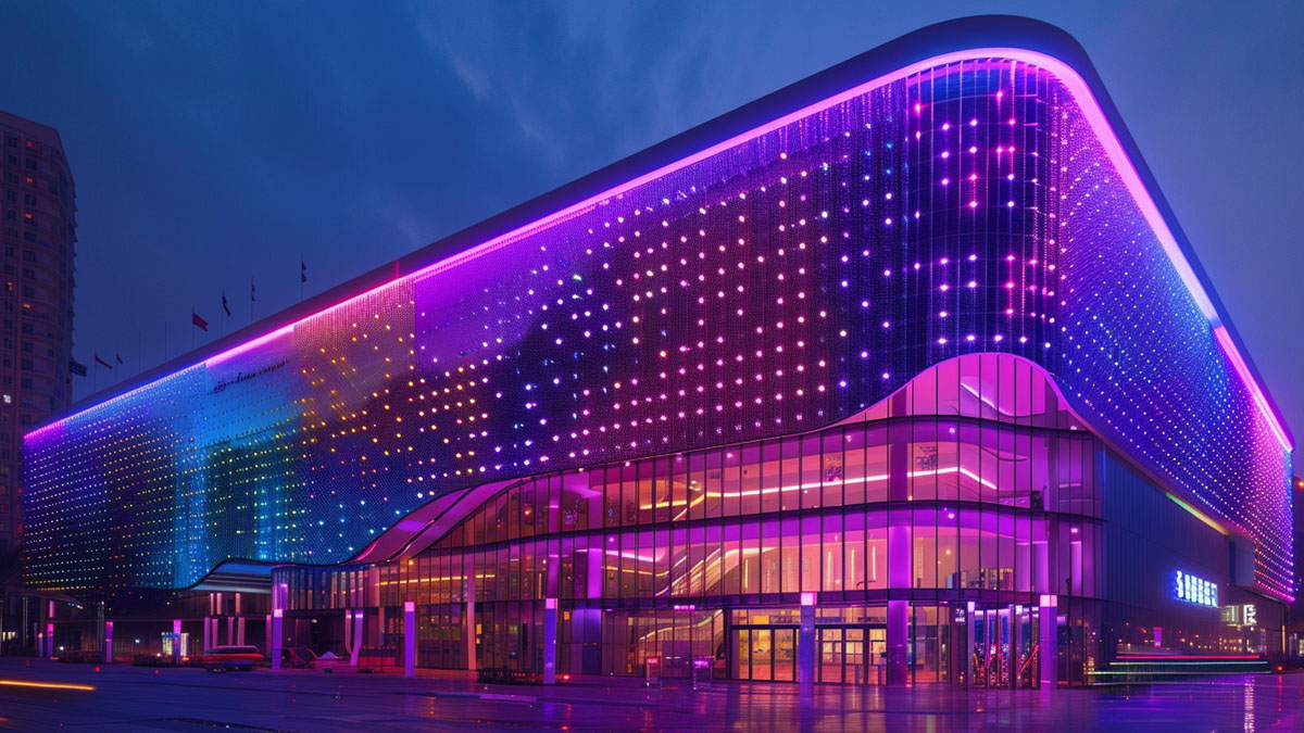 DMX facade lighting for commercial building with synchronized RGB lighting effects